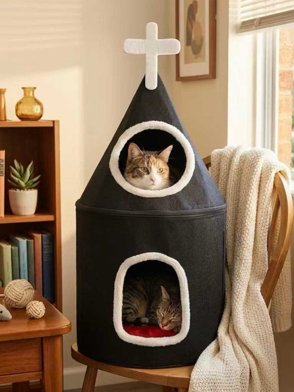 Plush Black Two-Tier Cat Tower Bed with White Trim